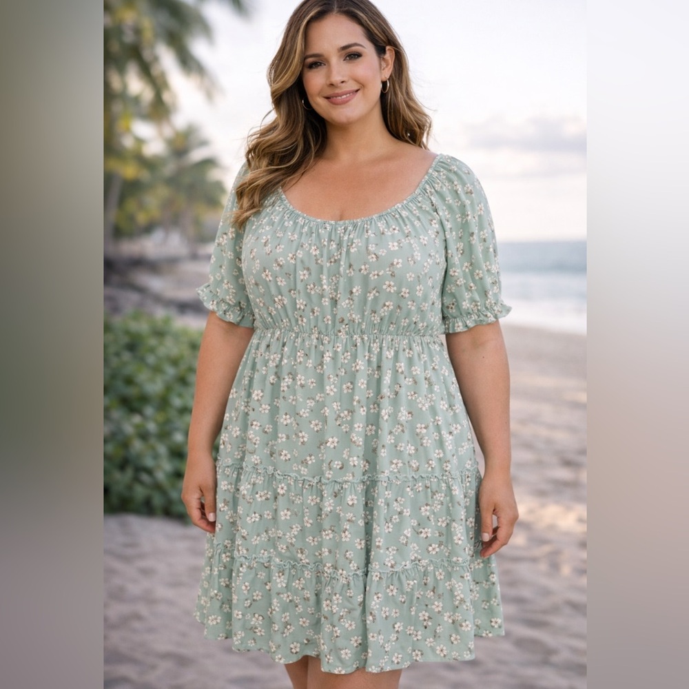 Liberty Love Floral Dress Womens 2XL Sage Green Lined Tiered Short Sleeve